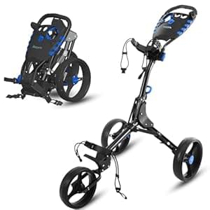 SereneLife 3 Wheel Golf Push Pull Cart – Lightweight, Foldable, Bag Holder with Adjustable Handle, Caddy Accessories, Compact Folding Golf Trolley for Travel
