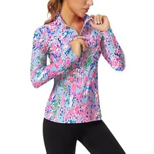 WOWENY Women’s Long Sleeve Athletic Shirts Quarter Zip Pullover Collared T-Shirt Workout Print Tennis Top