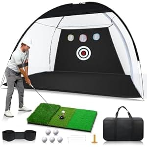Golf Net: 10 x 7ft Golf Hitting Practice Net for Backyard Driving, Indoor & Outdoor Chipping Training Net with Mat, Targets & Balls, Ideal Gifts for Him Men Dad Husband Grandpa Boys Golfers