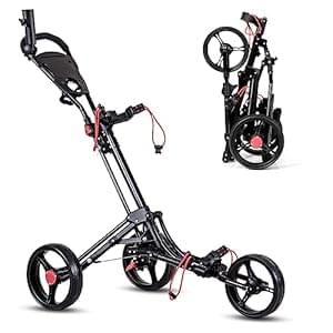 Tangkula Lightweight Aluminum Collapsible 3 Wheels Golf Push Cart with Elastic Strap, Umbrella & Cup Holder, Scoreboard Storage & Foot Brake