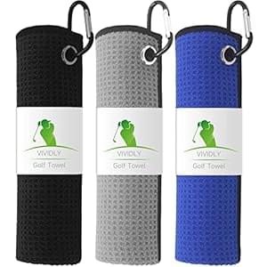 VIVIDLY 3 Pack Golf Towels (16″ X 16″), Microfiber Waffle Pattern Golf Towel with Carabiner Clip, Suitable for Men’s Golf Gifts (Black/Grey/Blue)