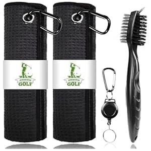 ATTRACTIVE Golf Towels, Microfiber Waffle Pattern Towels – Golf Club Brush with Cleaning (2 Black Towel+Black Brush)