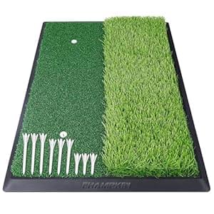 CHAMPKEY 17″ x 24″ High Performance Nylon Dual-Turf Golf Hitting Mat – Rubber Backing Golf Pracitce Mat – Come with 1 Rubber Tee Holder and 9 Plastic Golf Tees
